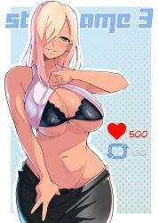 1girls big_breasts black_bra blonde_hair blue_eyes bra breasts busty curvaceous curvy curvy_body curvy_female curvy_figure female female_only hair_over_one_eye huge_breasts kuraido large_breasts naughty_face oc original original_character pixiv pixiv_link shirt_lift smile smiling smiling_at_viewer solo solo_female strip_game voluptuous