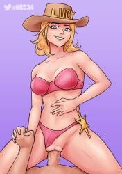 1boy 1girls big_penis blonde_hair breasts commission cowboy_hat cowgirl cowgirl_outfit cowgirl_position female_focus holding_hands jojo's_bizarre_adventure licking licking_penis lucy_steel nervous_smile nutkingcall pink_bikini riding_penis sheriff_badge steel_ball_run