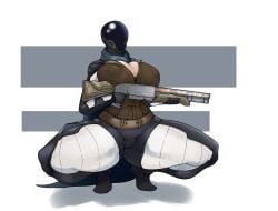 2d breasts bungie cape cleavage curvy destiny_(game) female female_focus female_only guardian_(destiny) helmet human hunter_(destiny) large_breasts lewdreaper nipple_bulge shotgun simple_background spread_legs squatting thick_thighs voluptuous weapon white_background