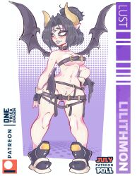 black_hair demon_girl devil_wings digimon digimon_(species) fallen_angel horns lilithmon medium_breasts naked_female onetrickdragon patreon patreon_username pubic_hair revealing_clothes seven_great_demon_lords shiny_skin short_hair succubus