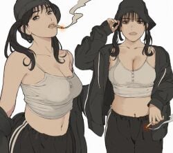 1girls big_breasts black_hair busty cigarette cleavage giganticbuddha grey_eyes headwear jacket jacket_partially_removed midriff pants smoke smoking tank_top twintails