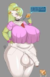 2023 ambiguous_gender bottomless breasts condom curvy disembodied_limb english_text flaccid foreskin furry futanari gaikiken gardevoir green_hair hair_over_one_eye highres huge_breasts large_breasts large_penis linnea_(gaikiken) long_hair nintendo penis pokemon pokemon_(species) red_eyes signature solo_focus speech_bubble testicles uncensored wide_hips