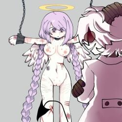 1boy 1girls abuse abused angel angel_girl angel_wings bruises chained chains demon demon_boy demon_horns eyewear funamusea glasses halo hidou horns k_kageouma_muak large_breasts lavender_eyes lavender_hair linaria_purpurea red-tinted_eyewear tears torture wounds