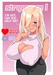 1girls big_breasts blonde_hair blue_eyes breasts busty cleavage curvaceous curvy curvy_body curvy_female curvy_figure english english_text female huge_breasts kuraido large_breasts original original_character strip_game text voluptuous