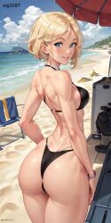 ai_generated aig1587 beach beach_background big_butt bikini black_bikini blonde_hair blue_eyes female female_only gwen_stacy gwen_stacy_(spider-verse) marvel short_hair smile spider-gwen spider-man:_across_the_spider-verse spider-man:_into_the_spider-verse spider-man_(series)