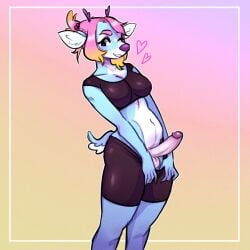 anthro breasts erection furry gradient_background intersex one_eye_closed penis_out_of_shorts pose sloppydraws standing