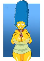 1girls 2023 beer_bottle between_breasts big_breasts blue_hair bottle cleavage duff_beer edgerftw female female_only hi_res looking_at_viewer marge_simpson nipple_bulge smiling smiling_at_viewer solo the_simpsons yellow_body