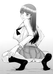 ass blush covered_nipples female from_behind girls_und_panzer haba_hirokazu huge_breasts long_hair looking_at_viewer looking_back mature_female monochrome nishizumi_shiho ooarai_school_uniform panties solo squatting tagme