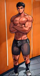 1boy ai_generated bara big_bulge black_body black_hair gay hi_res looking_at_viewer male male_focus male_only muscular muscular_male nexusgarden sneakers solo sports_shorts yaoi