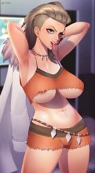 1girls 2022 areola_slip armpits arms_behind_head brown_hair clothing dark-skinned_female dark_skin female female_only green_eyes hi_res looking_at_viewer nintendo ohdax pokemon pokemon_sv professor_sada_(pokemon) shaved_side smiling smiling_at_viewer solo tongue_out underboob undercut