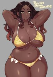 1girls 2d areola_bulge bikini black_hair blank_background brown_hair curvaceous dark-skinned_female dark_skin digital_drawing_(artwork) digital_media_(artwork) female grey_background huge_breasts large_breasts looking_at_viewer midriff navel original original_character ribbon ryo_agawa simple_background smooth_skin solo solo_female striped_bikini swimsuit thick_thighs voluptuous voluptuous_female yellow_bikini yellow_bikini_bottom yellow_bikini_top yellow_swimsuit