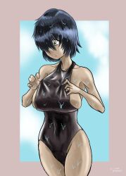 blank_expression green_eyes nazo_no_kanojo_x ndahbear one-piece_swimsuit purple_hair urabe_mikoto wet_body