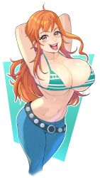 1girls 2023 absurd_res amber_eyes arms_behind_head big_breasts bikini_top female female_only greenmarine happy jeans long_hair looking_at_viewer nami nami_(one_piece) one_piece orange_hair post-timeskip smiling smiling_at_viewer solo