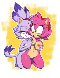 2022 2girls absurd_res amber_eyes amy_rose anthro anthro_on_anthro anthro_only big_breasts blaze_the_cat breast_fondling breast_grab breast_play breasts domestic_cat duo earrings eulipotyphlan eyelashes eyeliner felid feline felis female female/female female_only fondling furry furry_only genitals green_eyes groping_from_behind hand_on_breast hedgehog hi_res huge_breasts kneeling lipstick makeup mammal medium_hair monamania naked nipples nude on_knees pink_body ponytail purple_body pussy sega smile sonic_(series) sonic_the_hedgehog_(series) tail yuri