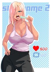 1girls big_breasts black_clothing black_pants blonde_hair blue_eyes breasts busty cleavage curvaceous curvy curvy_body curvy_female curvy_figure female hair_over_one_eye holding_popsicle huge_breasts ice_cream kuraido large_breasts open_mouth original original_character pixiv pixiv_link popsicle popsicle_melting solo strip_game tongue voluptuous white_clothing white_shirt