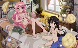 2girls bed black_hair blush book casual casual_nudity chair cup female flat_chest highres louise_francoise_le_blanc_de_la_valliere melon_bread multiple_girls nonsexual_nudity nude nude_filter nudist photoshop pillow pink_hair shakugan_no_shana shana sugar zero_no_tsukaima