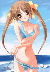 1girls bikini blue_bikini brown_eyes brown_hair fumio_(ura_fmo) groin hair_ribbon highres kunugi_ayano long_hair munechira navel open_mouth pia_carrot_(series) pointy_chin ribbon solo swimsuit twintails undressing welcome_to_pia_carrot_g.o.