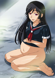 belly_hold black_hair bottomless clothing kaibutsu_oujo kamura_reiri pregnant red_eyes schoolgirl tagme vampire