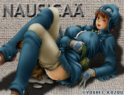 1girls boots breasts brown_eyes brown_hair curvaceous female gloves human large_breasts light-skinned_female light_skin looking_at_viewer nausicaa nausicaa_of_the_valley_of_the_wind pants pants_down princess short_hair solo studio_ghibli tagme wet youhei_kozou