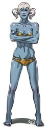 bikini blue_eyes blue_skin crossed_arms ganassa humanized league_of_legends looking_at_viewer navel pointy_ears pool_party poppy riot_games simple_background solo tied_hair tiptoes twintails white_hair yordle