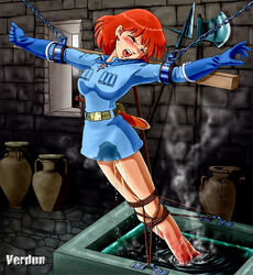 1girls 2009 bondage breasts brown_hair closed_eyes crying female human light-skinned_female light_skin nausicaa nausicaa_of_the_valley_of_the_wind open_mouth peeing princess red_hair short_hair studio_ghibli tagme tears torture verdun_(berudan)