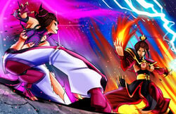 2girls avatar_the_last_airbender azula bare_shoulders barefoot breasts brown_hair capcom chinese_clothes clothing crossover digital_media_(artwork) drill_hair eastern_and_western_character energy female female_only fighting fighting_stance fire fire_nation firebending hair_bun human juri_han large_breasts lightning makeup medium_breasts multiple_females multiple_girls nickelodeon nipples seonidas small_breasts street_fighter street_fighter_iv super_street_fighter_iv torn_clothes