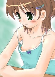 brown_hair green_eyes huge_eyes munechira nipple_slip no_bra pettanko