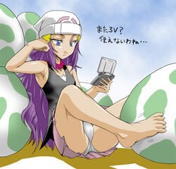 barefoot beanie beige_skin color dawn_(pokemon) egg feet female hair hat human jouwan nintendo_ds panties playing_videogame pokemon pokemon_egg skirt tagme toes