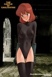 1girls 2000 ass_visible_through_thighs blue_eyes blush breasts brown_hair castle castle_of_cagliostro clarisse_de_cagliostro female highleg kikumaru_bunta leotard lupin_iii medium_breast nipple_bulge princess short_hair skin_tight studio_ghibli thigh_gap thighhighs