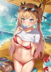 :d aqua_eyes basket beach beach_mat beach_umbrella bikini blonde_hair blurry breasts cleavage cowboy_shot day depth_of_field eyewear_on_head female female flower food glint groin hair_ornament hair_ribbon halterneck heart heart-shaped_pupils holding konata_(knt_banri) large_breasts long_hair looking_at_viewer navel ocean open_mouth original outdoors pixiv_id_17558623 popsicle red_bikini red_flower ribbon sand shirt shirt_lift short_sleeves side-tie_bikini sidelocks smile solo standing stomach sunglasses sunlight swimsuit symbol-shaped_pupils tied_hair tropical_drink twintails umbrella water white_shirt