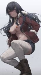 1girls 2023 2d abs assassin bandaged_leg bandages black_hair black_sclera blush boots breasts breasts_out crouching dark_nipples female female_abs female_only fur_trim hands_in_pockets hime_cut human human_female human_only jacket kengan_(series) kengan_ashura kure_karla large_breasts light-skinned_female light_skin long_hair looking_at_viewer muscular muscular_female nipples no_bra no_sex nude_filter open_jacket purple_eyes realistic_proportions shorts simple_background smile solo solo_female squatting straight_hair teenage_girl teenager thighhighs third-party_edit topless white_background yohan1754