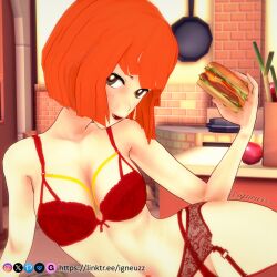 1girls 3d bangs bare_shoulders big_breasts blush bob_cut bra breasts burger cute double_entendre female female_focus female_only french_fries garter_belt garter_straps hamburger head_tilt holding_burger igneuzz inviting light-skinned_female lingerie lingerie_only looking_at_viewer mcdonald's milf mom_(japanese_mcdonald's_commercial) mother no_sex non-nude on_table orange_hair reclining red_bra red_garter_belt red_garter_straps red_lingerie red_thong short_hair sitting sling_bikini smile smiling solo thick_thighs thong yoru_mac