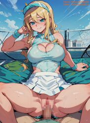 1boy 1girls ai_generated bare_shoulders big_breasts blonde_hair blue_eyes blush cap cleavage hi_res large_breasts long_hair mabi_ai original original_character penis penis_in_pussy ponytail pussy sex skirt skirt_lift spread_legs sweat sweatdrop tennis tennis_court tennis_uniform thick_thighs upskirt vagina vaginal_penetration vaginal_sex visor_cap wide_hips