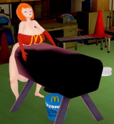 3d artificial_vagina bangs breasts breeding_mount bucket crybabyfuta cum_collecting cum_puddle curvaceous futa_only futanari hyper hyper_penis koikatsu large_ass large_balls large_boobs large_breasts large_butt large_penis logo logo_on_clothes long_gloves mcdonald's milf mom_(japanese_mcdonald's_commercial) pleasure_face red_bra red_gloves red_hair sex_toy short_hair solo storage_room thick_thighs yoru_mac