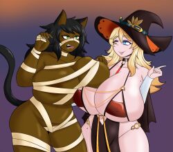 2girls bandages big_breasts black_hair blonde_hair blue_eyes cat_ears cat_tail catgirl commission dark-skinned_female dark_skin demitarot eye_bags female female_only green_eyes gwendolyn_(cliffpadfoot) halloween halloween_costume heterochromia hi_res huge_breasts light-skinned_female light_skin long_hair mole mole_on_breast mole_under_eye mummy_costume mummy_wrappings orange_eyes skimpy skimpy_clothes smile tail witch_hat