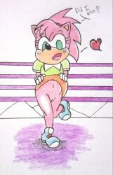 amy_rose anthro bottomless classic_amy_rose classic_sonic_(universe) clothed clothing dialogue eulipotyphlan female flashing fur genitals green_eyes heart hedgehog hi_res mammal pink_body pink_fur presenting pussy question reddragonkan sega solo sonic_(series) sonic_the_fighters sonic_the_hedgehog_(series) traditional_media_(artwork) upskirt