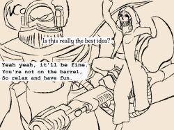 adeptus_custodes adeptus_mechanicus black_and_white clothed cyborg dialogue dreadnought_(warhammer_40k) english_text sitting_on_cannon size_difference skeletal skitarii speech_bubble techpriest telemon_heavy_dreadnought text warhammer_(franchise) warhammer_40k