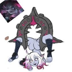 briar_(league_of_legends) chest_stand feet footwear hand_stand league_of_legends legs mapachips patreon_exclusive patreon_reward smiling_at_viewer vagina white_hair