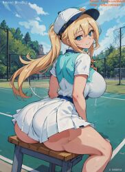 1girls ai_generated ass ass_focus big_ass big_breasts blonde_hair blue_eyes cap from_behind hi_res huge_ass large_ass large_breasts long_hair looking_back mabi_ai original original_character ponytail sitting skirt tennis tennis_court tennis_uniform thick_thighs visor_cap wide_hips