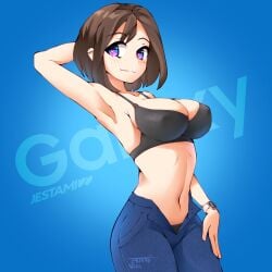 1girls armpit big_breasts blue_eyes bra brown_hair cleavage earrings female freckles hand_behind_head heart-shaped_pupils jestami medium_hair navel pink_eyes pose posing samsung samsung_galaxy samsung_sam smile solo unbuttoned_pants watch