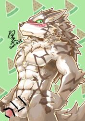 abs anthro athletic athletic_anthro athletic_male balls black_sclera c82102111 canid canine canis food fruit genitals green_eyes hi_res jackal lifewonders male mammal melon pecs penis plant seth_(tokyo_afterschool_summoners) solo tokyo_afterschool_summoners vein veiny_penis watermelon