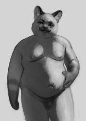 anthro balls belly big_belly chubby-shark digital_media_(artwork) digital_painting_(artwork) domestic_cat felid feline felis flaccid front_view fur genitals grey_background greyscale hand_on_stomach jameel looking_at_viewer male mammal monochrome moobs navel nipples nude overweight overweight_anthro overweight_male penis portrait shaded siamese simple_background smile solo three-quarter_portrait