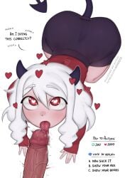 2d amadeen ass blowjob cock curious dick heart heart-shaped_pupils helltaker high-angle_view licking licking_penis looking_up modeus_(helltaker) nsfw penis penis_lick red_eyes red_shirt white_background white_hair