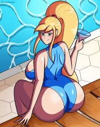 1girls ass blonde_hair female female_only funkythor64 metroid nintendo samus_aran sideboob sitting solo swimsuit water