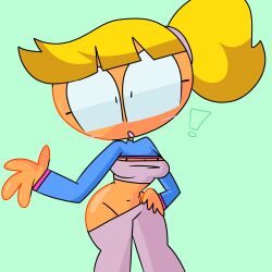 blonde_female blonde_hair blonde_hair_female blue_sweater clothed clothed_female nameless_character original original_character pigtail ponytail pulling_up_pants shitpost suggestive surprised surprised_expression terraphantom thepharrowphantom(artist)