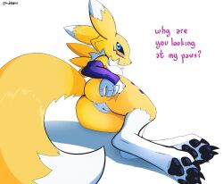 absurd_res ando ass bandai_namco blush blush_lines butt_grab canid canine dialogue digimon digimon_(species) female fur hand_on_butt hi_res looking_up mammal paws renamon solo solo_focus white_body white_fur yellow_body yellow_fur