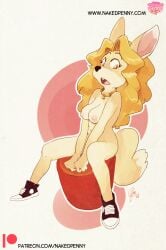 anthro blonde_hair breasts canid canine clothing collar collar_only edtropolis embarrassed female fennec footwear footwear_only fox hair hi_res mammal mostly_nude naked_footwear naked_shoes nude penny_fenmore shoes shoes_only sitting solo