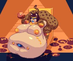 1girls belly_piercing bellybelting catgirl eating huge_belly huge_breasts hyper_belly oc pixel_art