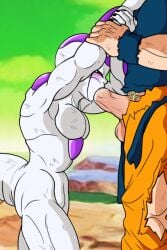 big_penis blowjob blush deepthroat dragon_ball dragon_ball_z fellatio frieza gay gay_blowjob goku grabbing_arm huge_cock muscular muscular_male namek oral oral_sex pubes son_goku super_saiyan yaoi