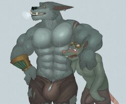 2boys abs anthro bulge canid canine canis clothing duo ear_piercing eyewear flaccid fleshformomo fur gay goggles hi_res league_of_legends male male/male male_only mammal murid murine muscular muscular_anthro muscular_male pecs piercing rat riot_games rodent torn_clothing twitch_(lol) warwick wolf